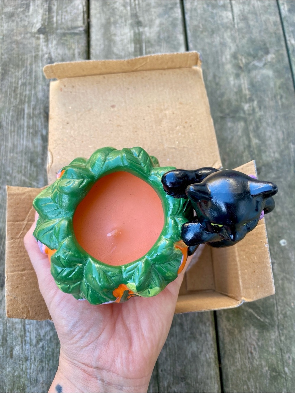 Vintage Halloween Ceramic Pumpkin Black Cat Candle - Picture 4 of 5